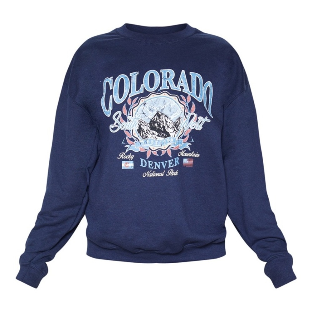 PRETTYLITTLETHING Colorado Graphic Pullover Sweatshirt in Navy Blue Size S